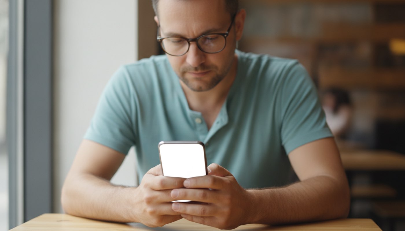A man checking the progress of a crypto swap on his phone in a cafe